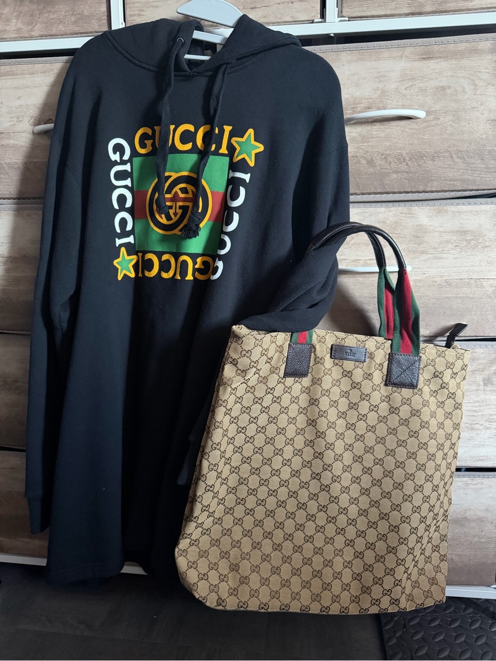 Gucci Black Hoodie with Yellow Green White Logo & Beige GG Tote